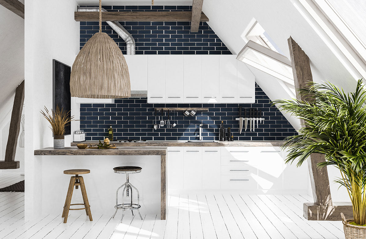 Bevollo Beveled Glass Wall Tile — installed room view — color Vague Blue