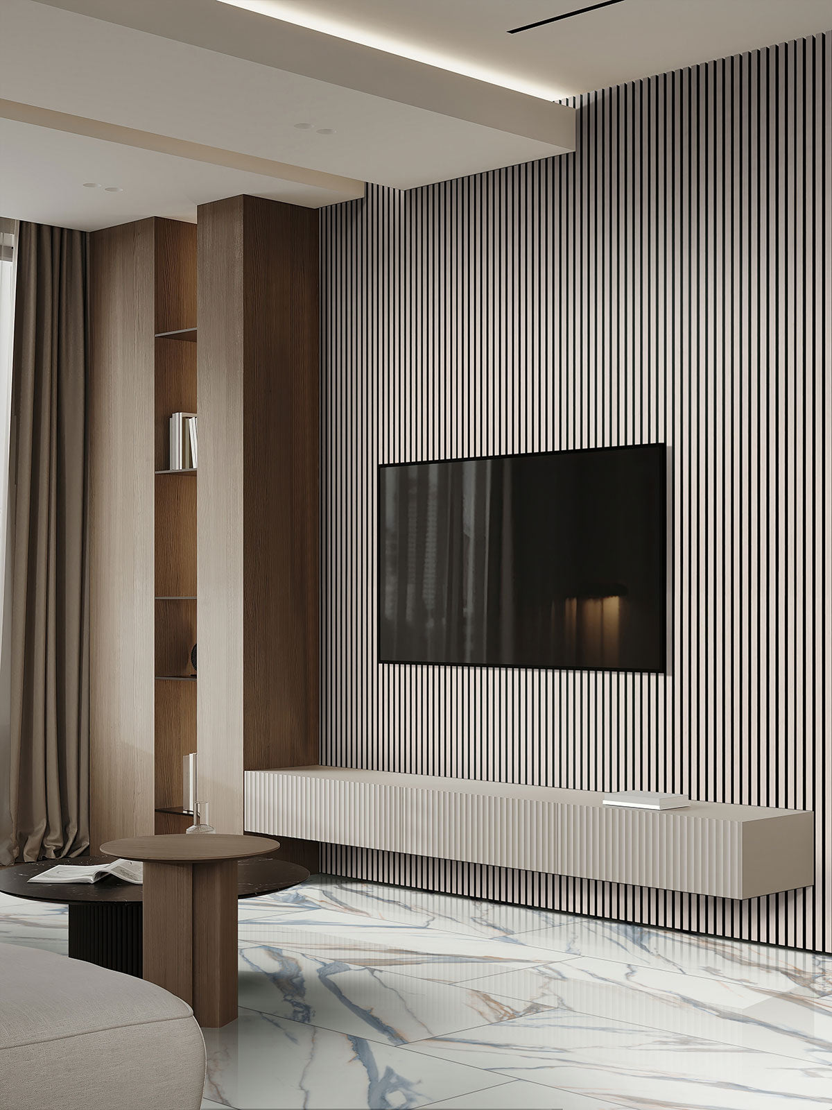 Valesia Azula 24x48 Polished Marble-Look Porcelain Tile — installed room view
