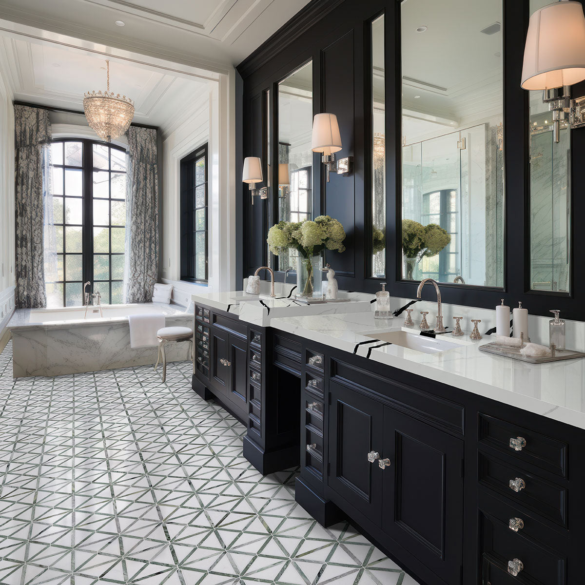 Verdant Green Geometrica 10mm Polished Marble Mosaic — installed room view — color Green A Pattern Pol