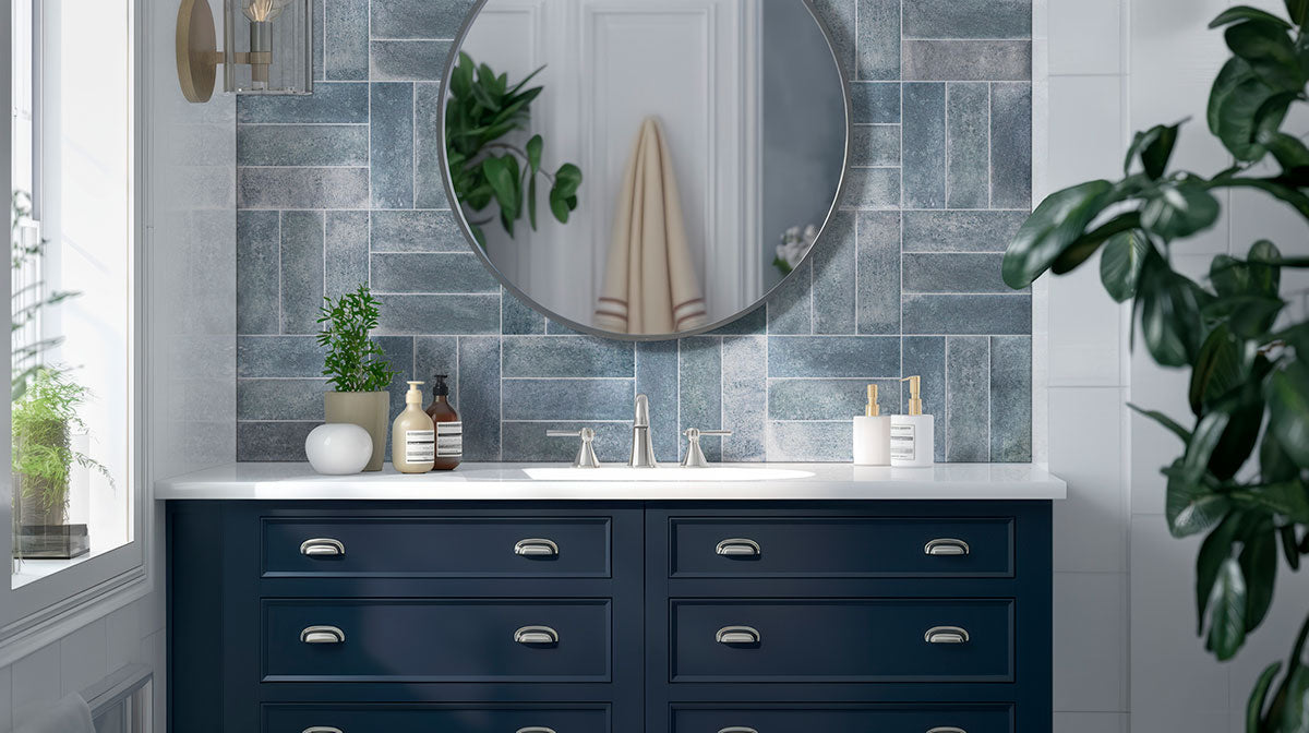 Village 4x12 Matte Ceramic Wall Tile — installed room view — color Tildes