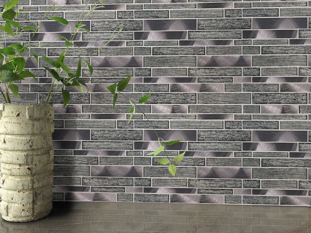 Volcanic Luxe Interlocking 8mm Glass-Stone-Metal Mosaic — installed room view — color Luxe