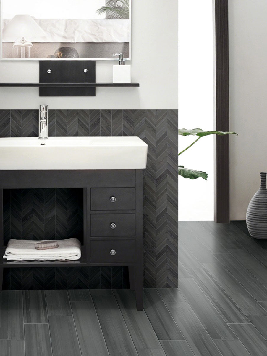 Watercolor Chevron Matte Porcelain Mosaic — installed room view — color Graphite