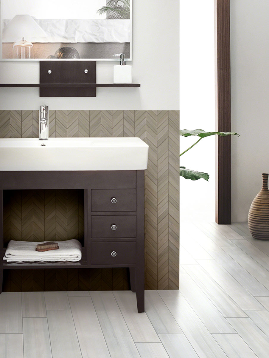 Watercolor Chevron Matte Porcelain Mosaic — installed room view — color Grigio