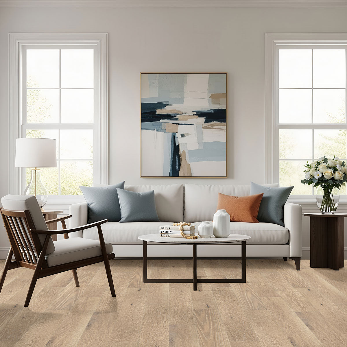 Woodhills 6.5x48 Waterproof Wood Flooring — installed room view — color Bali Buff Oak