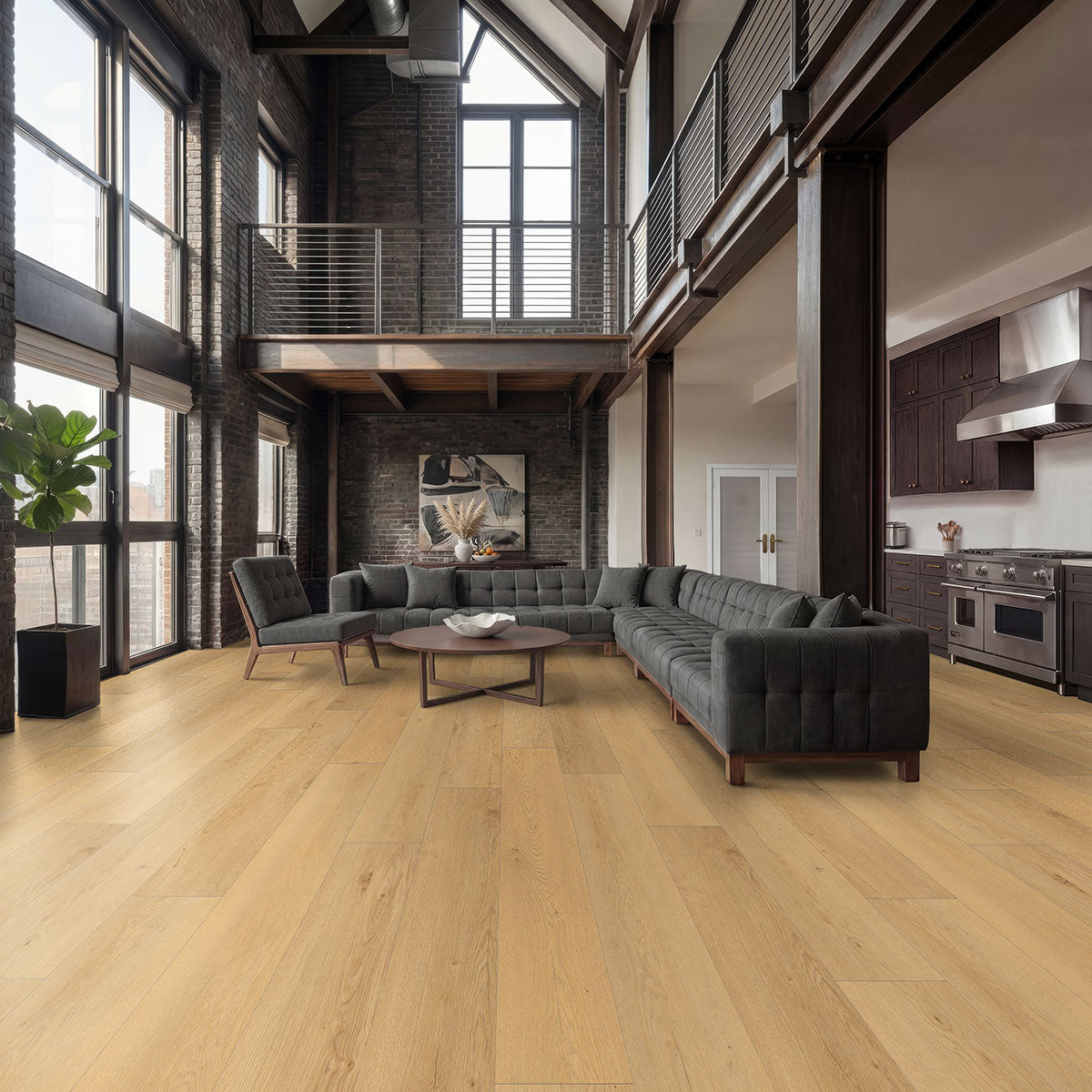 Wayne Parc 9x60 Waterproof WPC Luxury Vinyl Plank — installed room view — color Bluffview