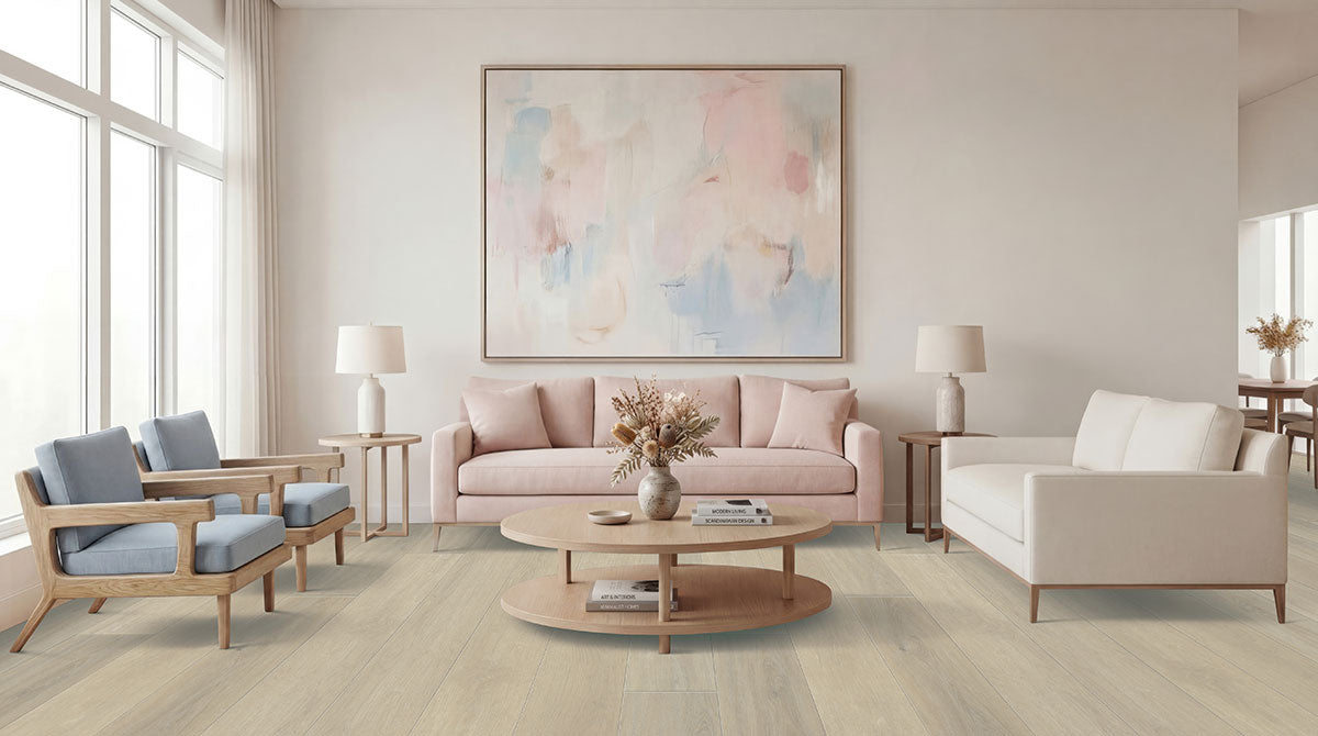 Wayne Parc Reserve 9x72 Waterproof WPC Luxury Vinyl Plank — installed room view — color .- Waldron