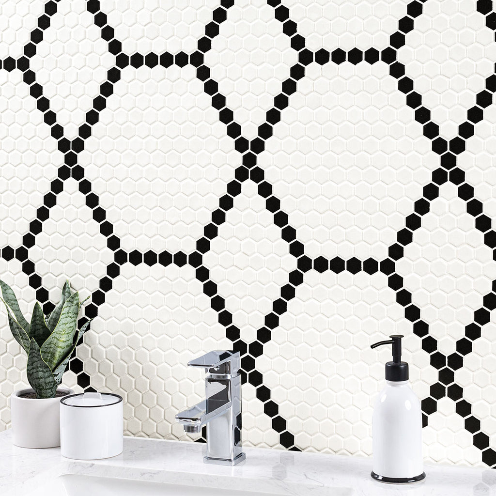 White and Black Hive Pattern Matte Porcelain Mosaic — installed room view — color White And Black Hive Pattern