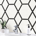 White and Black Hive Pattern Matte Porcelain Mosaic — installed room view — color White And Black Hive Pattern