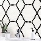 White and Black Hive Pattern Matte Porcelain Mosaic — installed room view — color White And Black Hive Pattern
