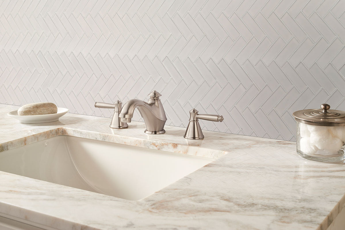 Domino Glossy Herringbone Porcelain Mosaic — installed room view — color White