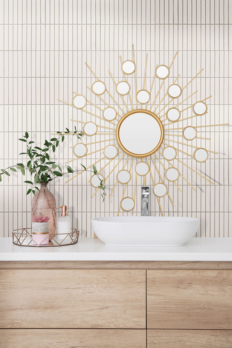 White Matte 1x6 Stack Porcelain Mosaic — installed room view — color White