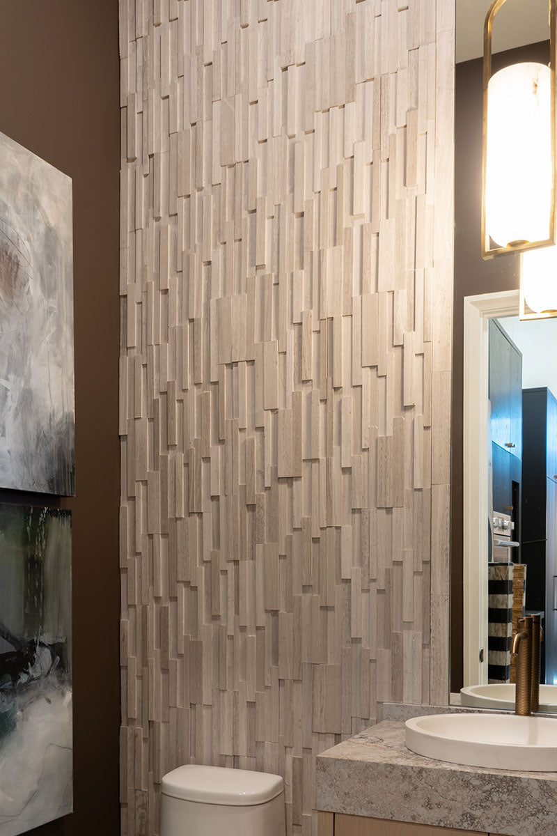 Rockmount 3D Natural-Stone Stacked Stone Panel — installed room view — color White Oak Panel
