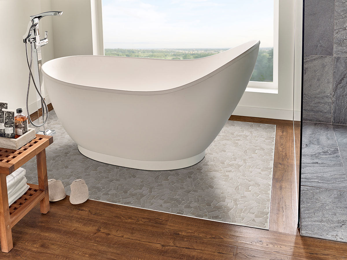 Rio Lago White Oak — supplier room illustration; pebble surface shown with other materials (SMOT-PEB-WHTOAK)