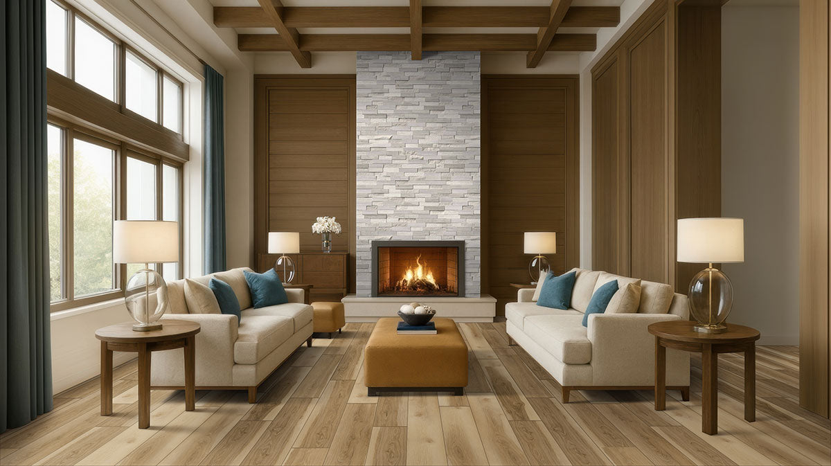 Rockmount Natural-Stone Stacked Stone Panel — installed room view — color White Oak Panel