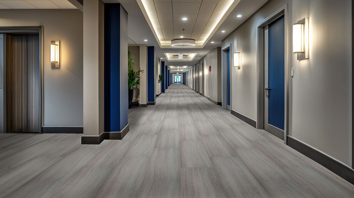Trecento 12x24 5mm Stone-Look Rigid-Core Luxury Vinyl Tile — installed room view — color White Ocean
