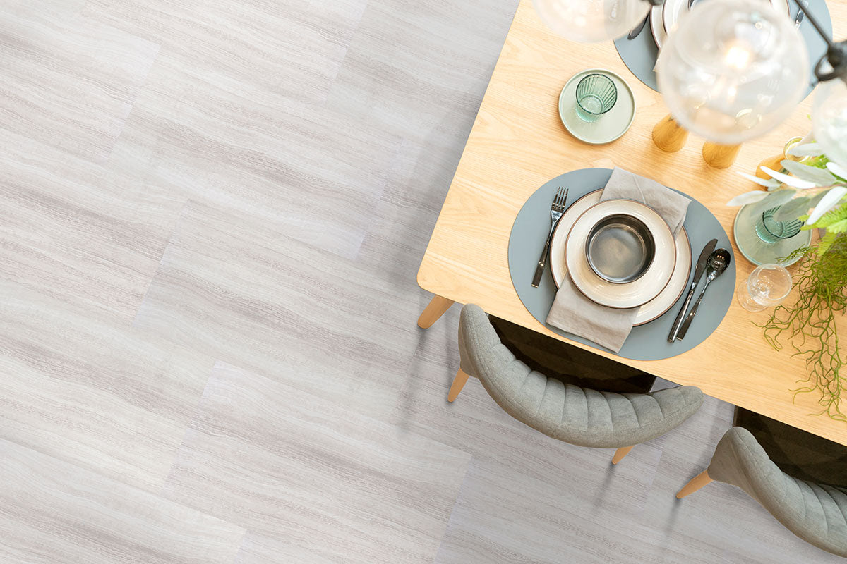XL Trecento 18x36 Stone-Look Rigid-Core Luxury Vinyl Tile — installed room view — color White Ocean