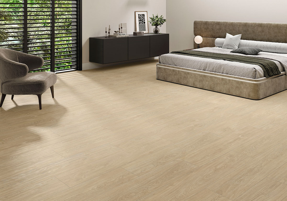 Whitehill 9x48 Wood-Look Porcelain Plank — installed room view — color Beckleywood