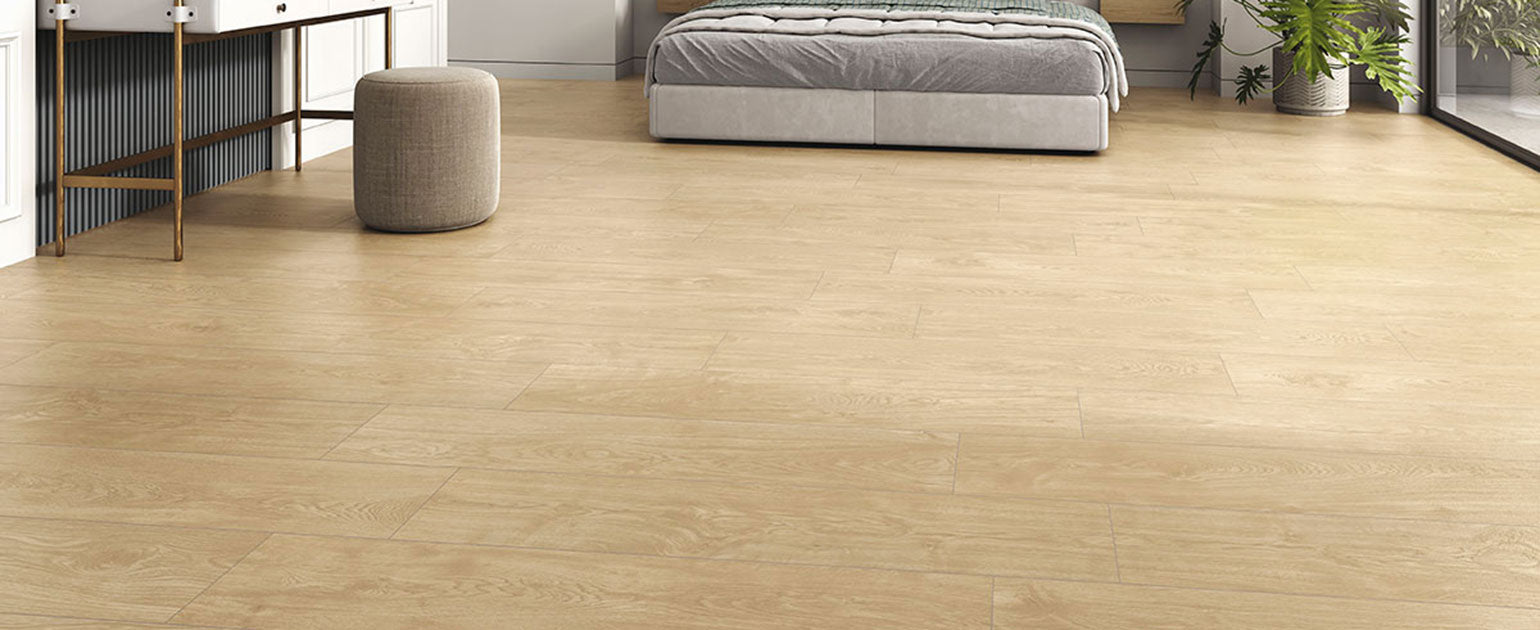 Whitehill 9x48 Wood-Look Porcelain Plank installed room scene