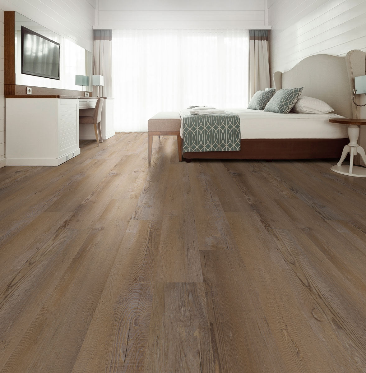 Wilmont 7x48 Glue-Down Luxury Vinyl Plank — installed room view — color Lime Washed Oak