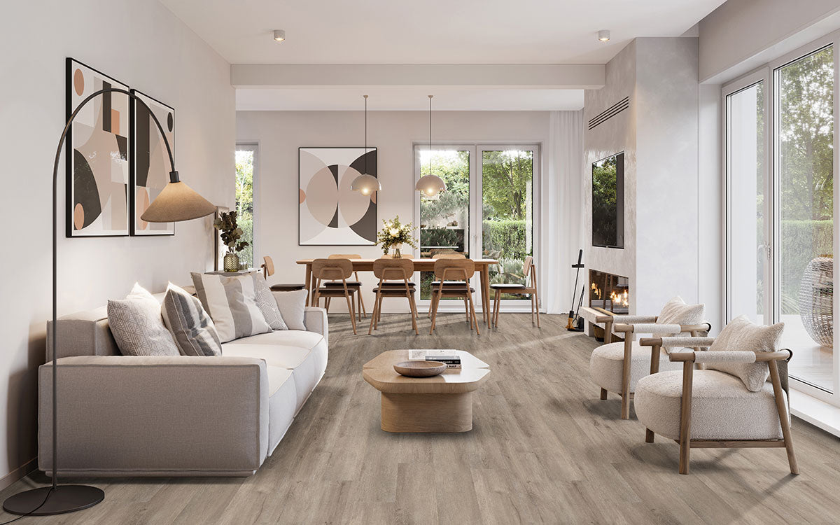 Wilmont 7x48 Glue-Down Luxury Vinyl Plank — installed room view — color Twilight Oak