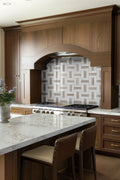 Winslow Weave Polished Marble Mosaic — installed room view — color Warm white with light and dark blonde veining