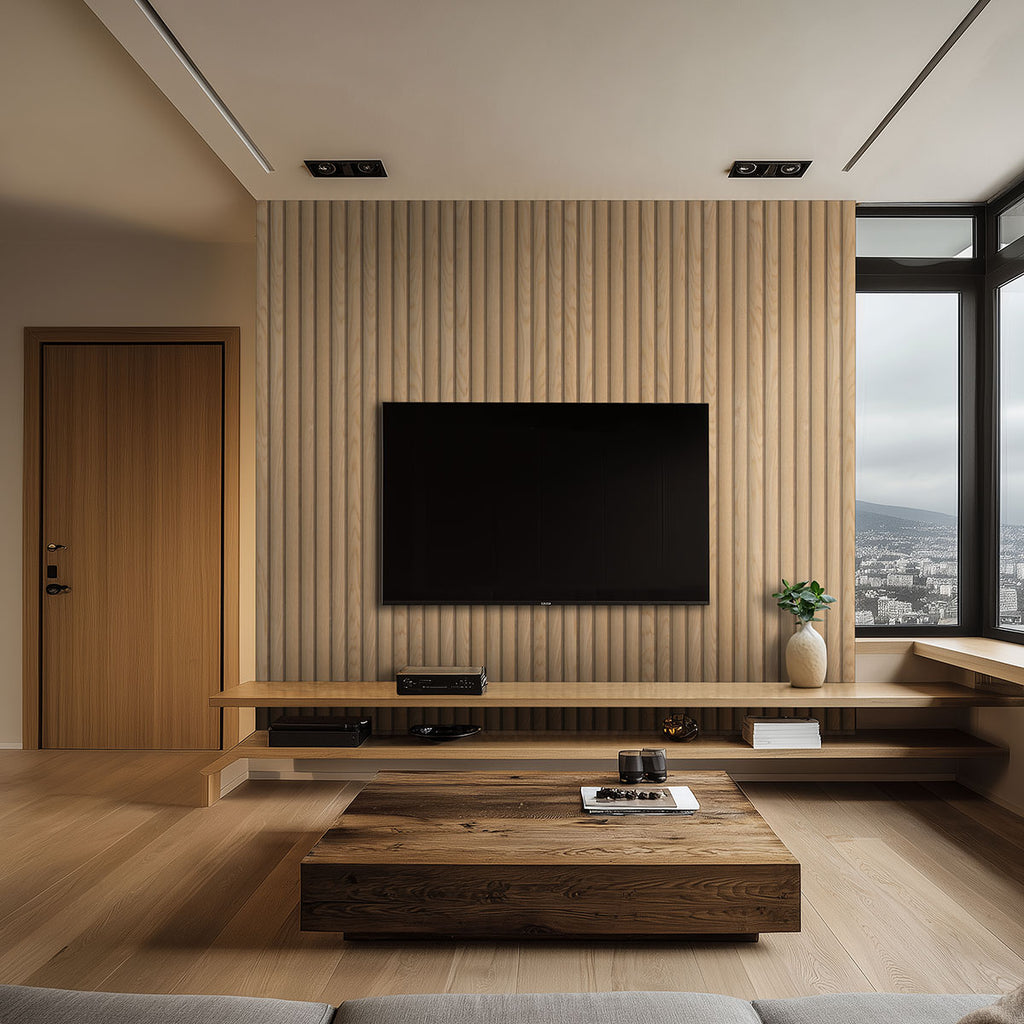 Reeded 9.5x94.5 Acoustic Wood Slat Panel — installed room view — color Natural