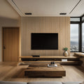 Reeded 9.5x94.5 Acoustic Wood Slat Panel — installed room view — color Natural