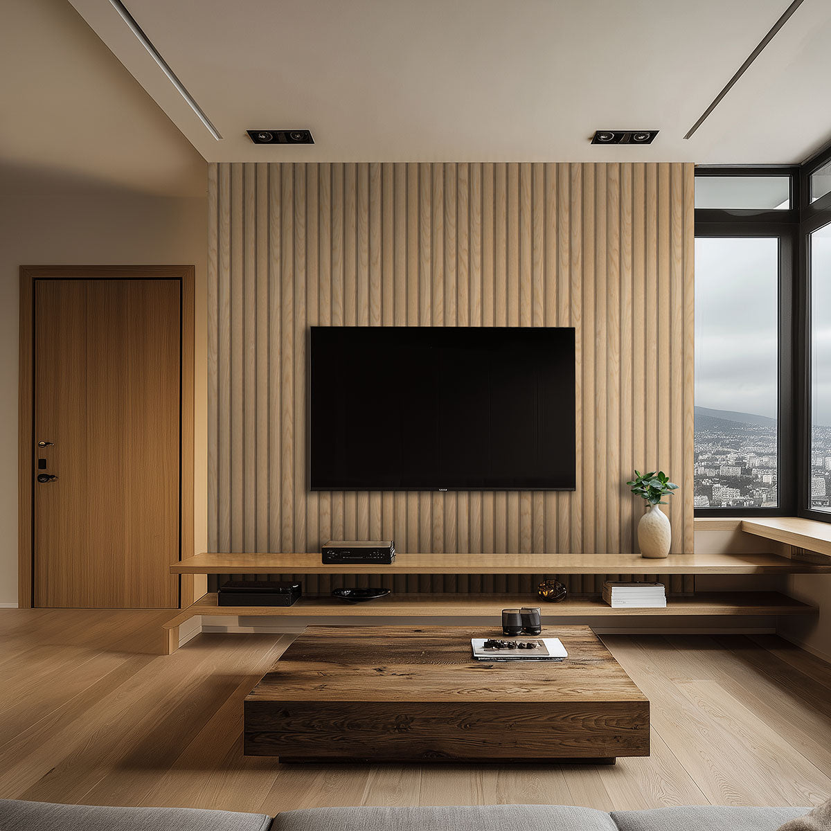 Reeded 9.5x94.5 Acoustic Wood Slat Panel — installed room view — color Natural