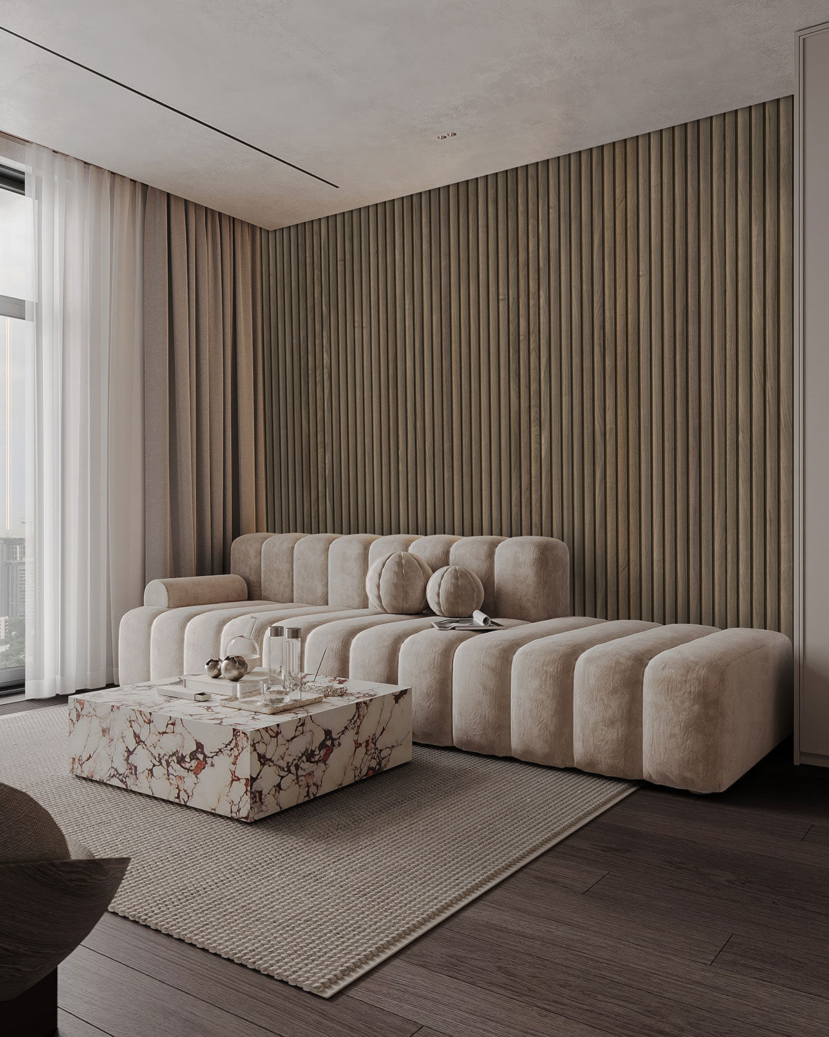 Reeded 9.5x94.5 Acoustic Wood Slat Panel — installed room view — color Tawny