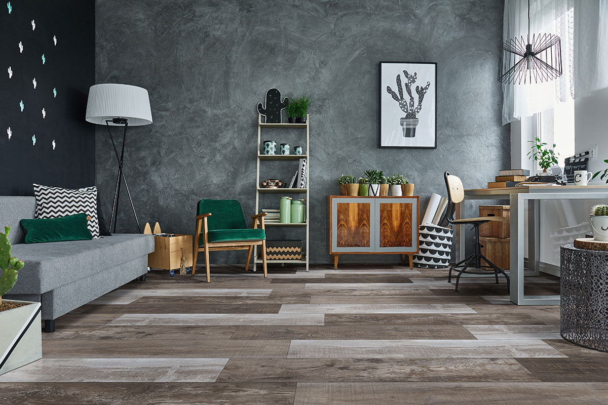 XL Prescott 9x60 Waterproof Rigid-Core Luxury Vinyl Plank — installed room view — color Weathered Brina