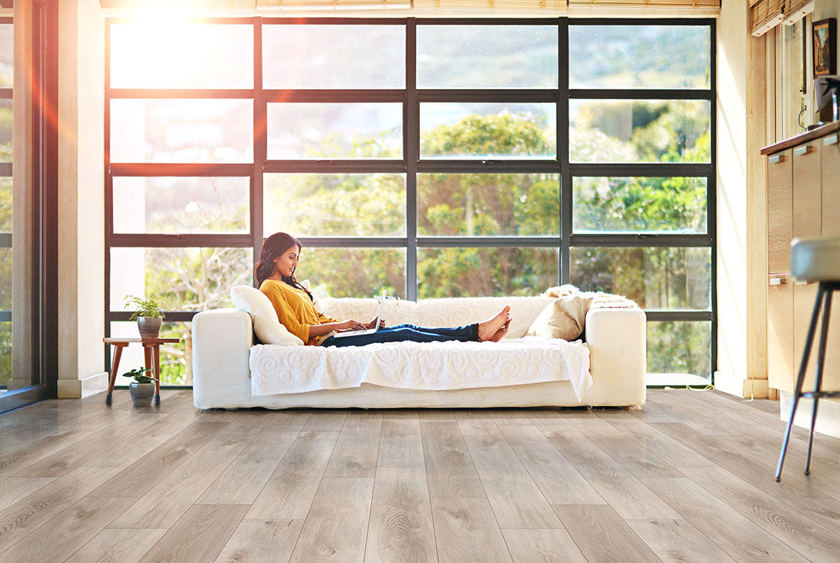 Cyrus 2.0 7x48 5mm 20mil Waterproof Rigid Core Luxury Vinyl Plank — installed room view — color Whitfield Gray