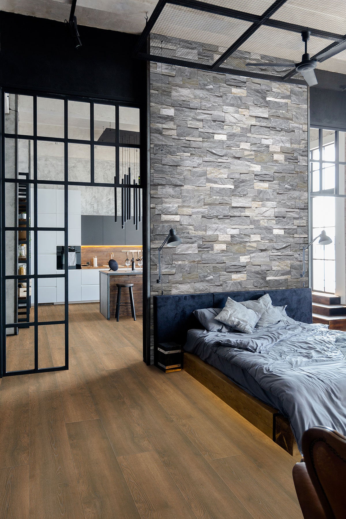 XL Rockmount 9x24 Natural-Stone Stacked Panel — installed room view — color Sierra Blue Panel