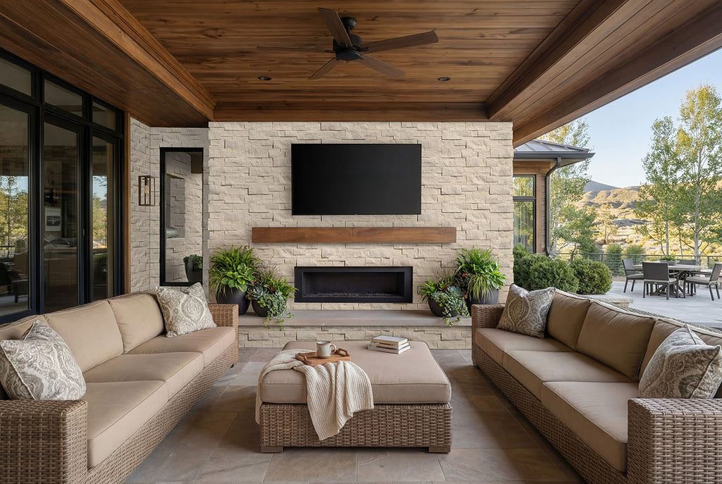 Laguna Blonde XL Rockmount Stacked Stone Panel - installed example (representative)