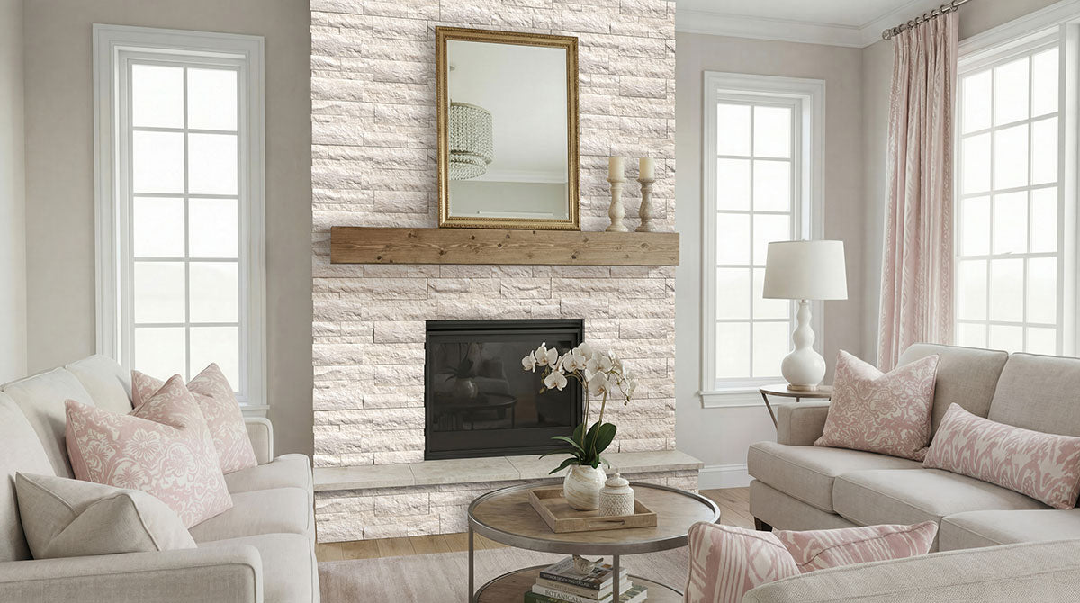 XL Rockmount 9x24 Natural-Stone Stacked Panel — installed room view — color Taja Cream Panel