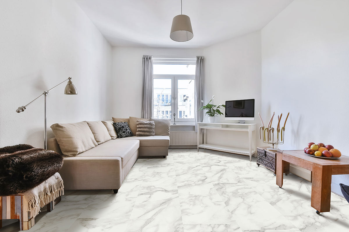 XL Trecento 18x36 Stone-Look Rigid-Core Luxury Vinyl Tile — installed room view — color Calacatta Venosa Gold