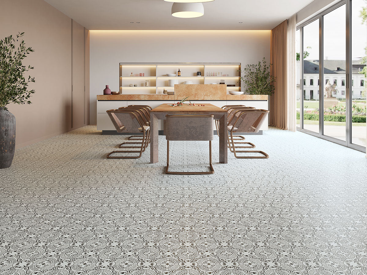 XL Trecento 18x36 Stone-Look Rigid-Core Luxury Vinyl Tile — installed room view — color Kenzzi Taza