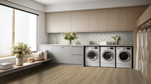 Zaria 8x8 Encaustic-Look Porcelain Tile — installed room view — color Elora
