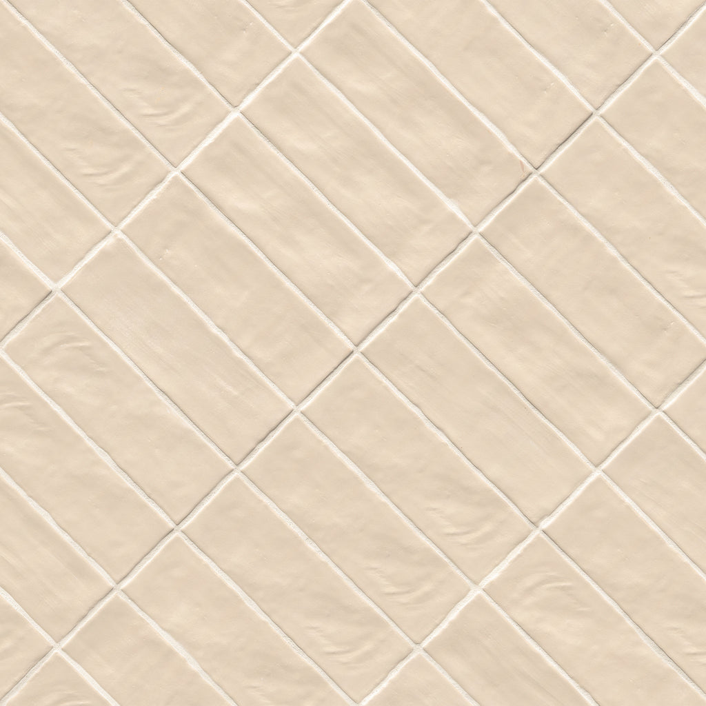 Zest Zellige-Look Satin Ceramic Wall Tile — isometric scale view — color Sand, size 2.5x8